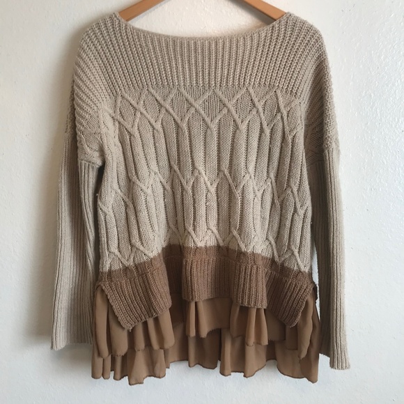 Everleigh Sweaters - Everleigh Beige Brown Cable Knit Crew Neck Sweater Skirted With Chiffon Ruffle